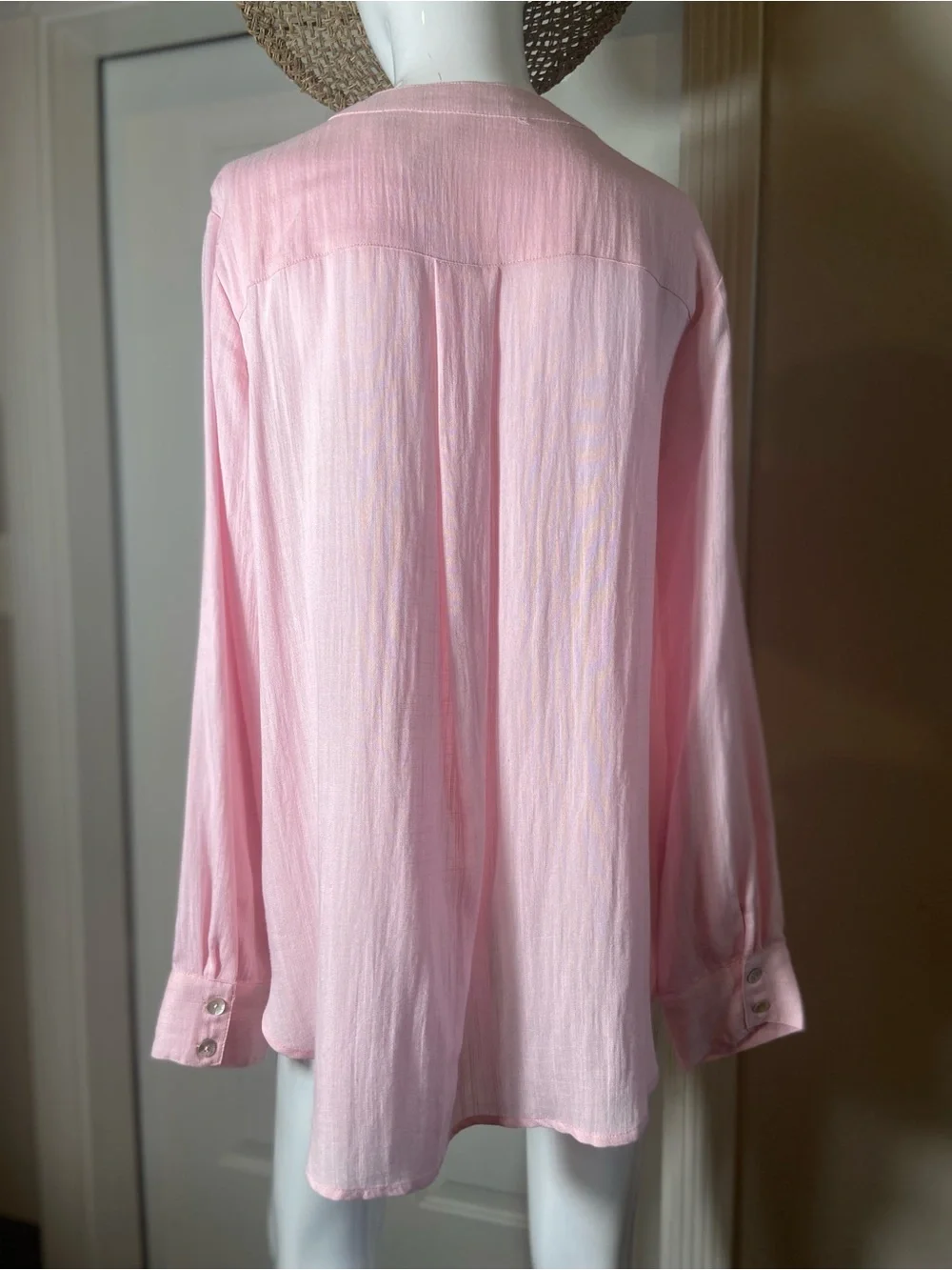 Kori~Light Pink-1/2 Button-Front~Popover~Blouse~Long Sleeve~Chest Pockets~Size L